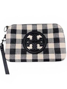 Tory Burch Black /New Ivory Gingham Leather Wristlet | Logo Zip Pouch Wallet